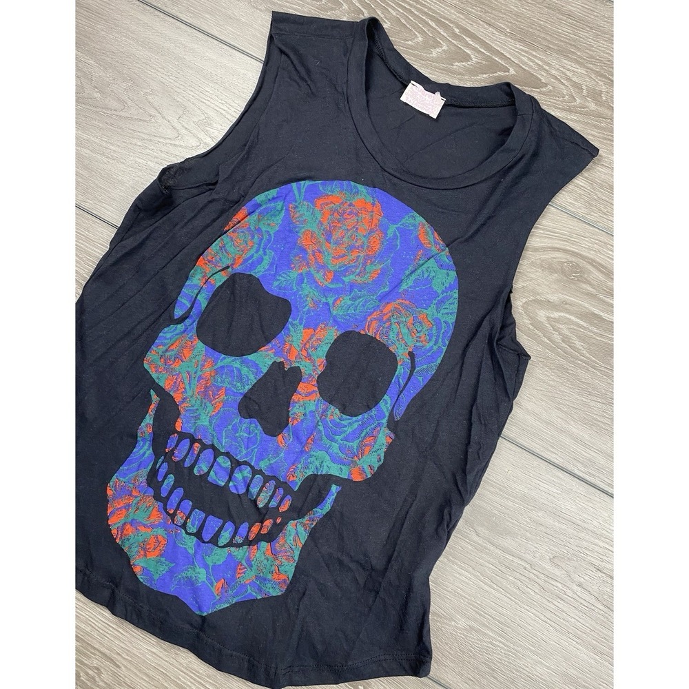 Audrey 3+1 Women's Sleeveless Rose Patterned Skull Design‎ Top Black Size Large